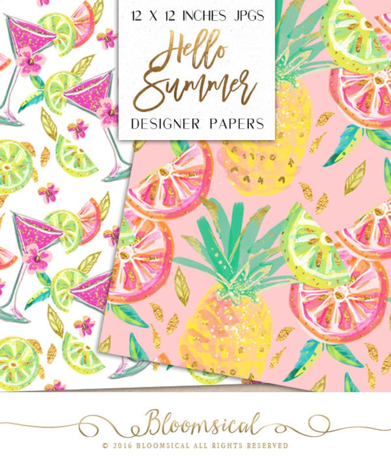 Summer Digital Papers Tropical Pineapple Lemon Oranges Cocktail Flowers pattern designs graphics planner stickers resources image 2