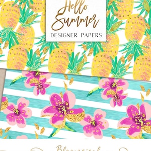 Summer Digital Papers Tropical Pineapple Lemon Oranges Cocktail Flowers pattern designs graphics planner stickers resources image 3