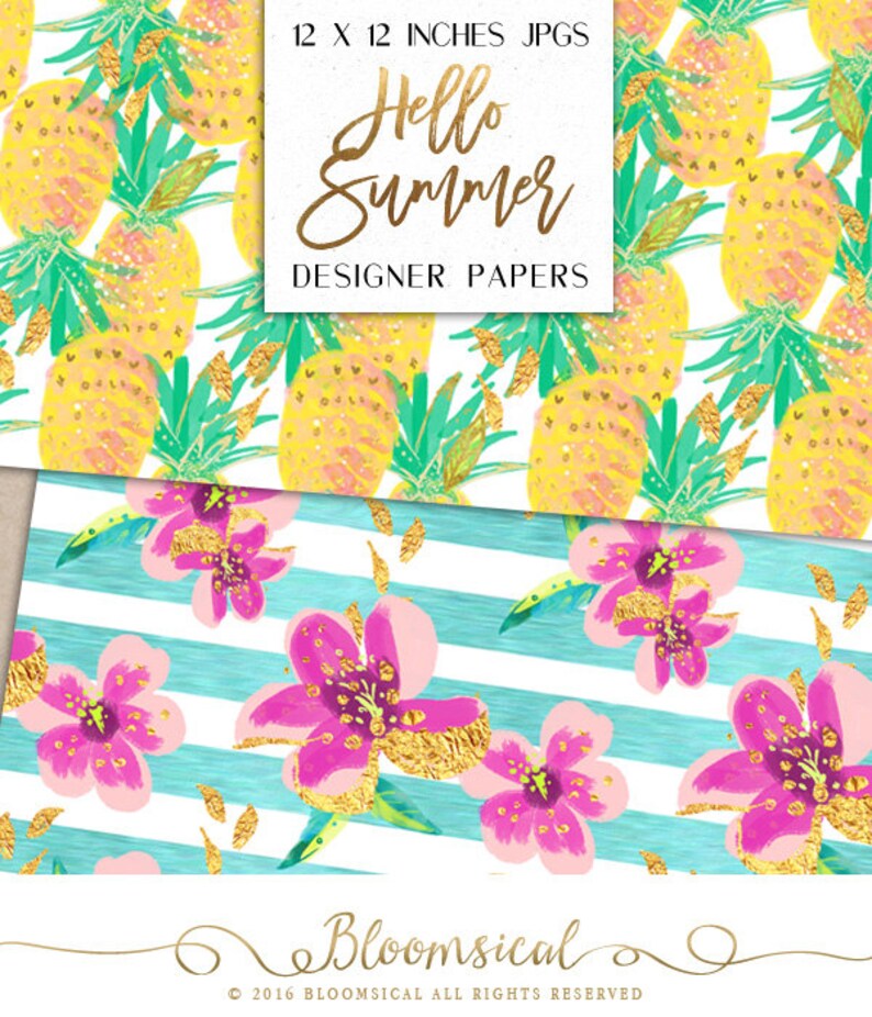 Summer Digital Papers Tropical Pineapple Lemon Oranges Cocktail Flowers pattern designs graphics planner stickers resources image 3