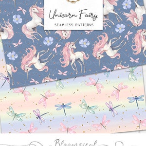 Unicorn Fairy Seamless Digital Papers Whimsical Pastel Spring Floral, dragonflies Seamless Patterns planner stickers, graphics, Fabric image 6