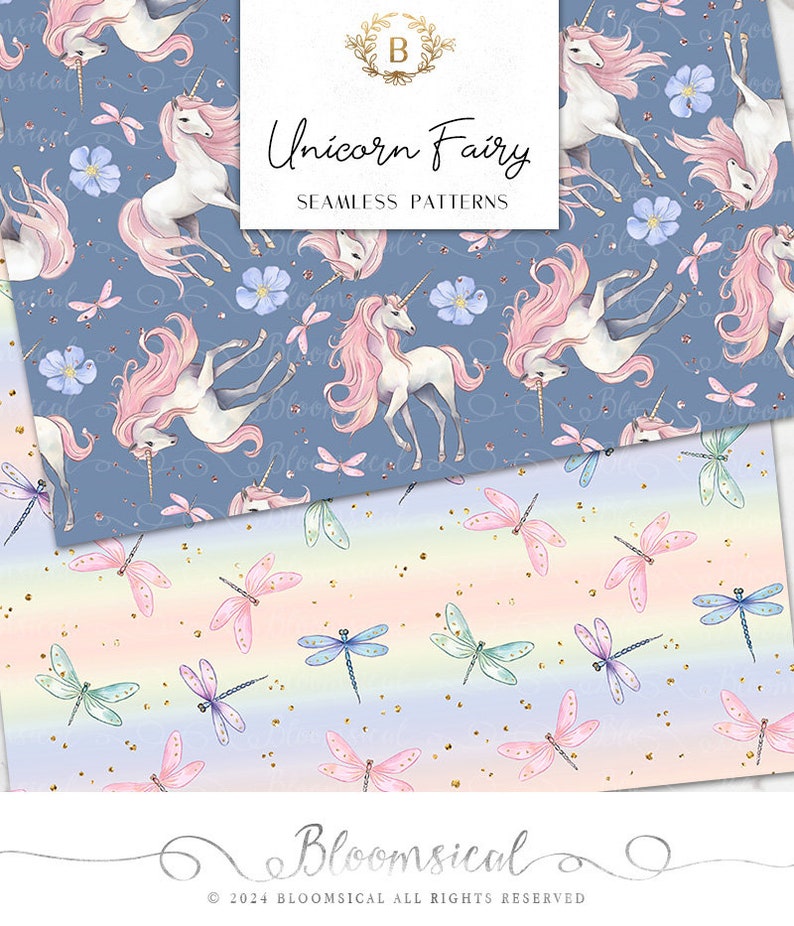 Unicorn Fairy Seamless Digital Papers Whimsical Pastel Spring Floral, dragonflies Seamless Patterns planner stickers, graphics, Fabric image 6