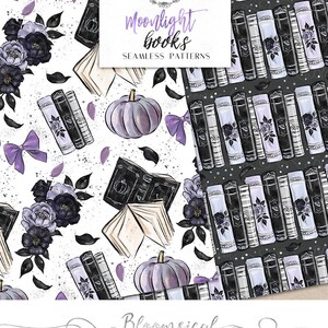 May include: Seamless patterns featuring illustrations of books, pumpkins, bows, and flowers in shades of purple, black, and white. The text "Moonlight books" and "Seamless Patterns" are displayed. The patterns are set against a white and dark gray background.