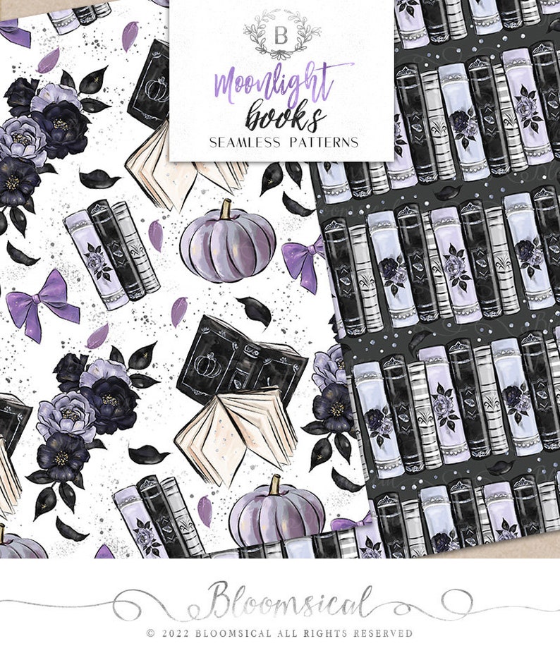 May include: Seamless patterns featuring illustrations of books, pumpkins, bows, and flowers in shades of purple, black, and white. The text "Moonlight books" and "Seamless Patterns" are displayed. The patterns are set against a white and dark gray background.