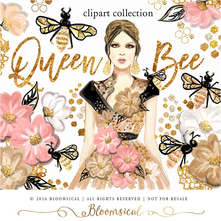 Queen Bee Clip Art | Fashion Illustration Girl Bees Honeycomb Flowers…
