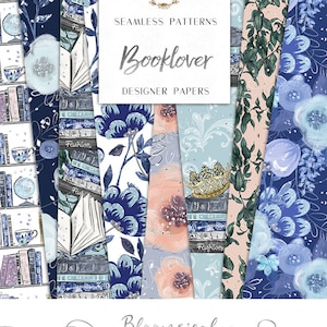 Booklover Digital Papers Books Library Literature Indigo Flowers Plants Silve Glitter Seamless Pattern planner stickers Fabric printing