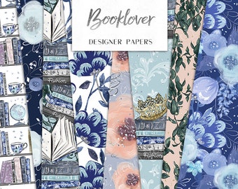 Booklover Digital Papers Books Library Literature Indigo Flowers Plants Silve Glitter Seamless Pattern planner stickers Fabric printing