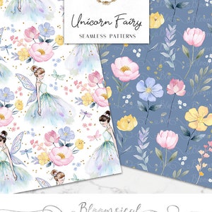 Unicorn Fairy Seamless Digital Papers Whimsical Pastel Spring Floral, dragonflies Seamless Patterns planner stickers, graphics, Fabric image 2