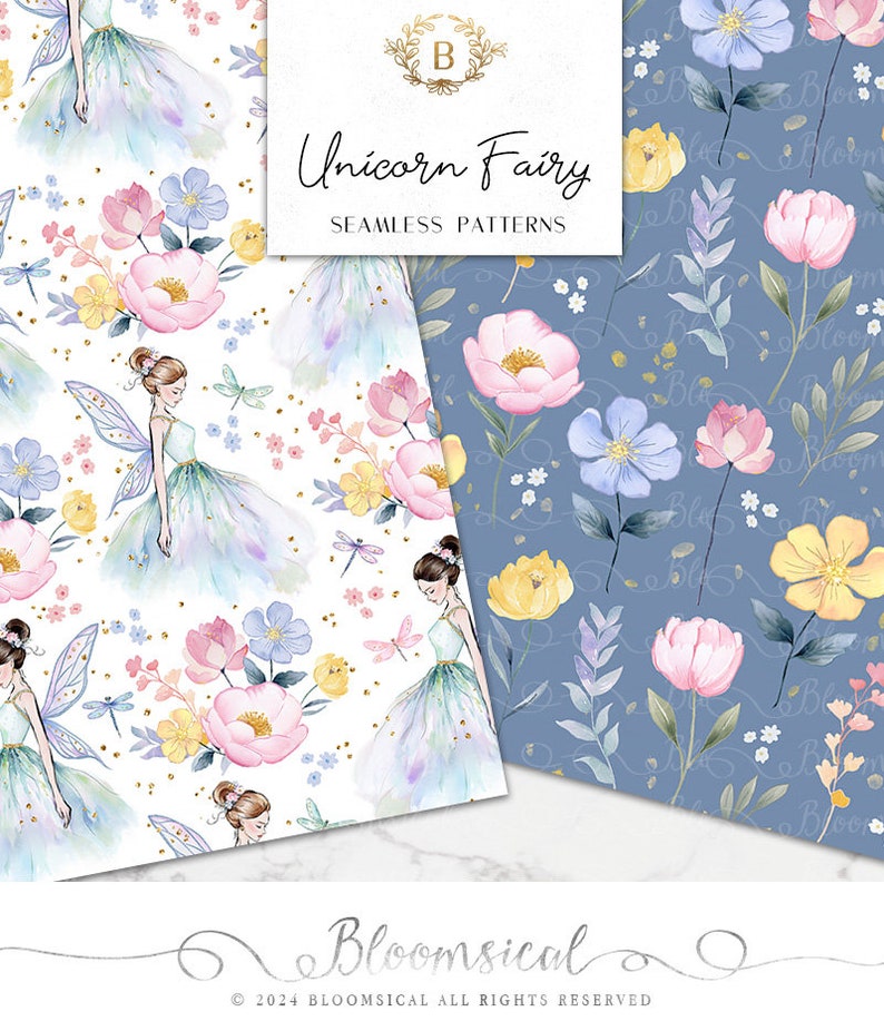 Unicorn Fairy Seamless Digital Papers Whimsical Pastel Spring Floral, dragonflies Seamless Patterns planner stickers, graphics, Fabric image 2