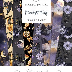 Halloween Digital Papers | Moonlight Treats Pumpkin Cat Bat Moon Castle Seamless Surface Patterns | naklejki do planera, Sublimacja, Tkanina