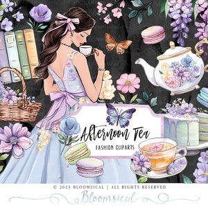 Afternoon Tea Clipart collection Spring Flowers Fashion Girl Books Tea Pot Watercolor Illustration Graphics Planner Stickers, digital png image 3
