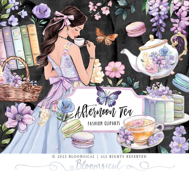 Afternoon Tea Clipart collection Spring Flowers Fashion Girl Books Tea Pot Watercolor Illustration Graphics Planner Stickers, digital png image 3