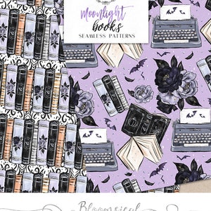 May include: Seamless patterns featuring books, typewriters, bats, and floral elements in shades of black, white, and purple. The text "Moonlight books" is displayed in a decorative font. The patterns are suitable for various craft projects.