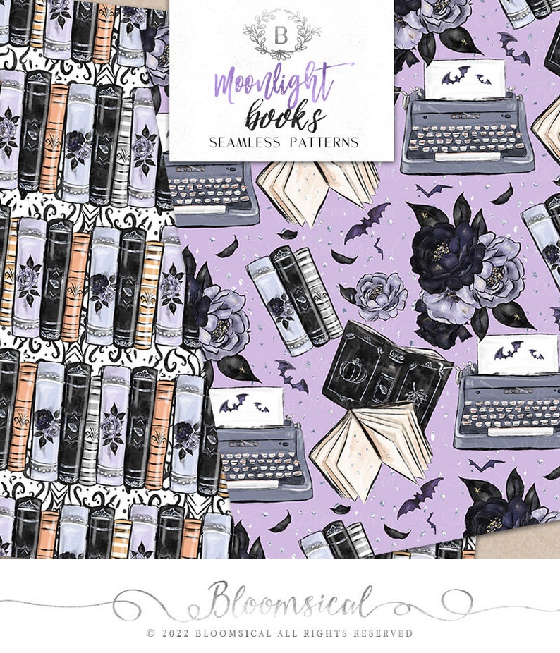 May include: Seamless patterns featuring books, typewriters, bats, and floral elements in shades of black, white, and purple. The text "Moonlight books" is displayed in a decorative font. The patterns are suitable for various craft projects.