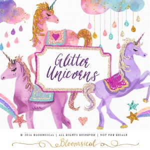 Glitter Unicorns Clip Art Glam unicorn, clouds, stars, rainbow glitter Graphics Cards, Planner Stickers Digital Printable Cliparts image 1