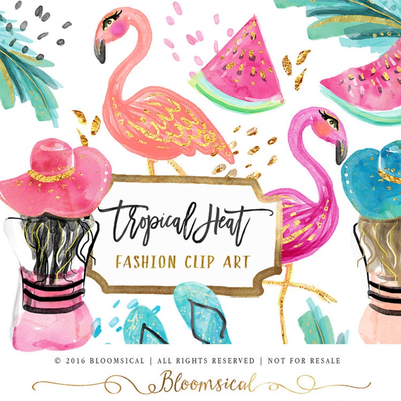 Tropical Clip Art | Hand Drawn Fashion Girl Hat Flamingo Watermelon Beach Graphics | Cards, Planner Stickers  | Digital Printable Cliparts 