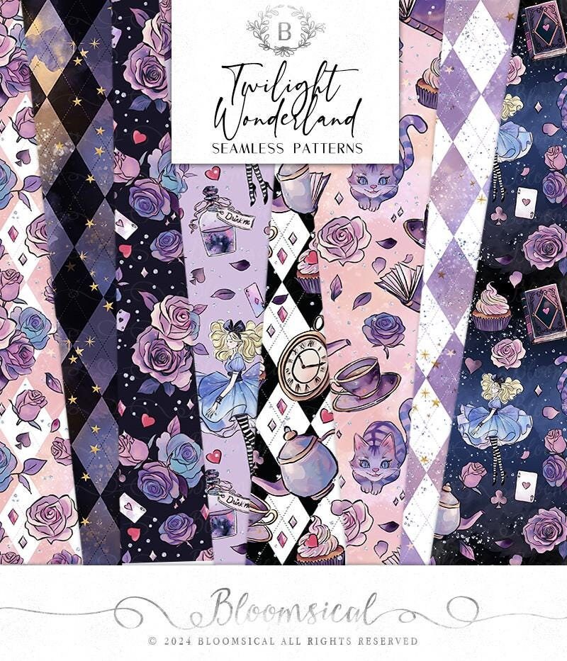 Halloween Digital Papers | Twilight Wonderland Seamless Patterns | Cheshire cat, planner stickers, Sublimation , Fabric printing