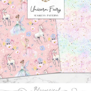 Unicorn Fairy Seamless Digital Papers Whimsical Pastel Spring Floral, dragonflies Seamless Patterns planner stickers, graphics, Fabric image 3