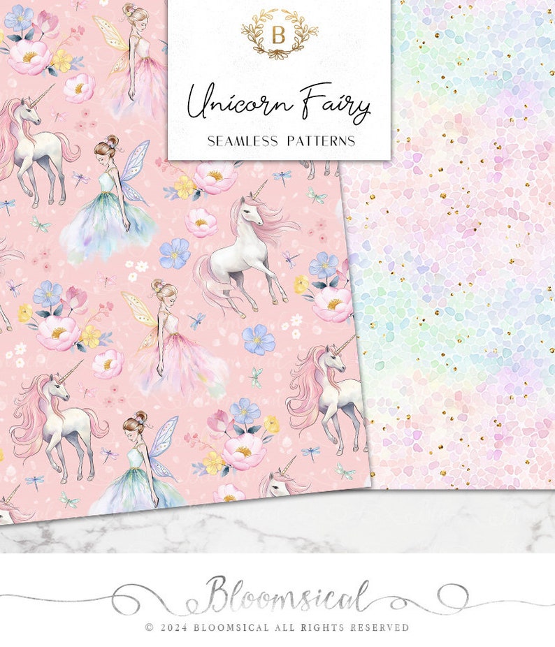 Unicorn Fairy Seamless Digital Papers Whimsical Pastel Spring Floral, dragonflies Seamless Patterns planner stickers, graphics, Fabric image 3