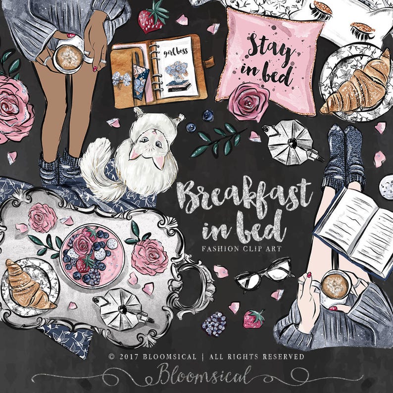 Breakfast In Bed Clip Art Cozy Cat Book  Planner Coffee Etsy