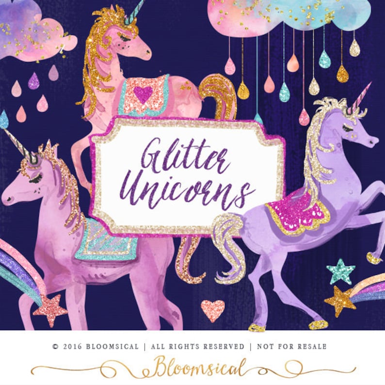 Glitter Unicorns Clip Art Glam unicorn, clouds, stars, rainbow glitter Graphics Cards, Planner Stickers Digital Printable Cliparts image 2