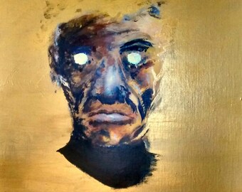 Golem 2089, Original Surreal Acrylic Painting Portrait (w/ frame), 13x13"