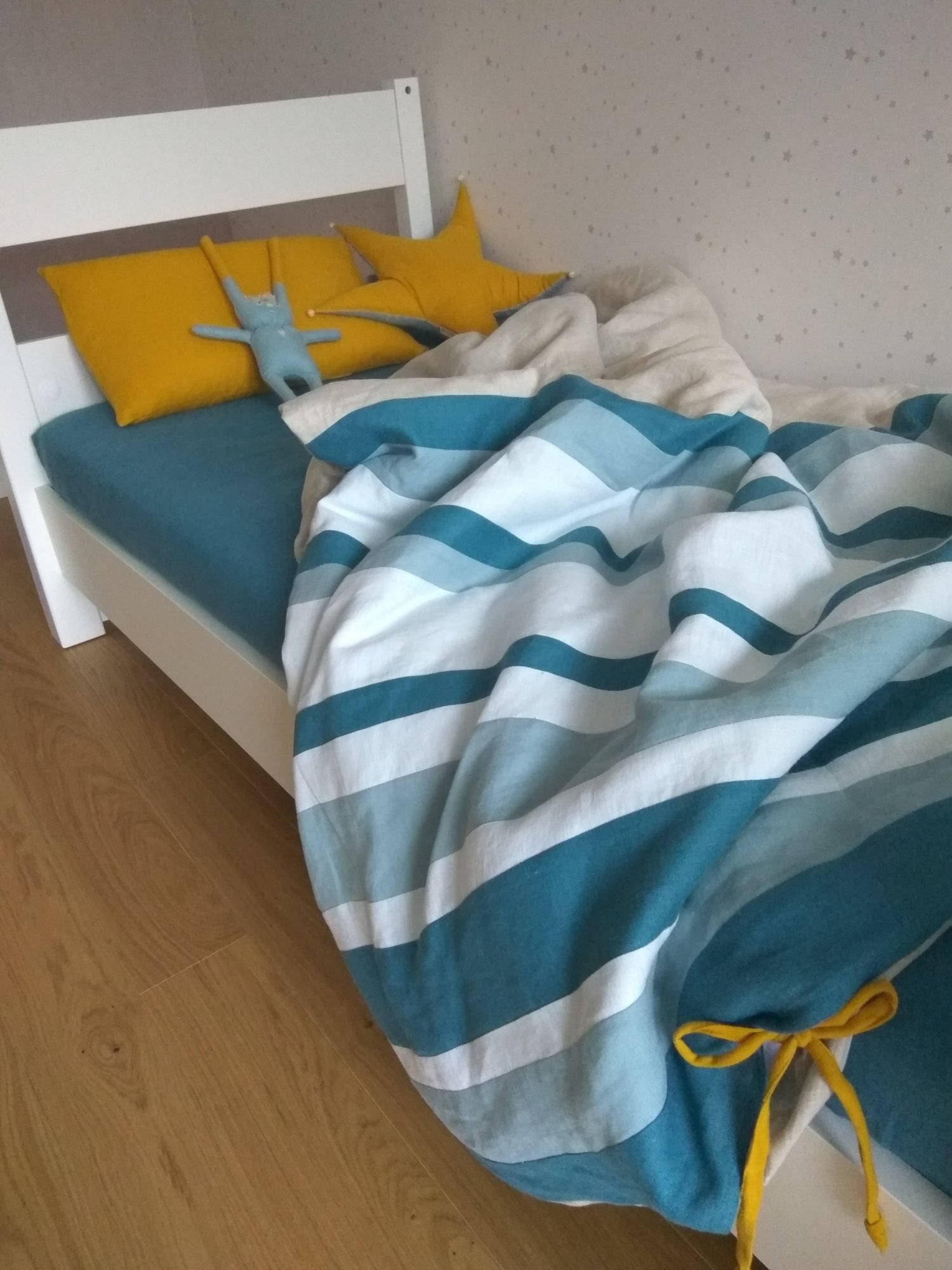 Linge de Lit Bleu Jaune, Ensemble Lit, Literie Naturelle Pour Les Garçons