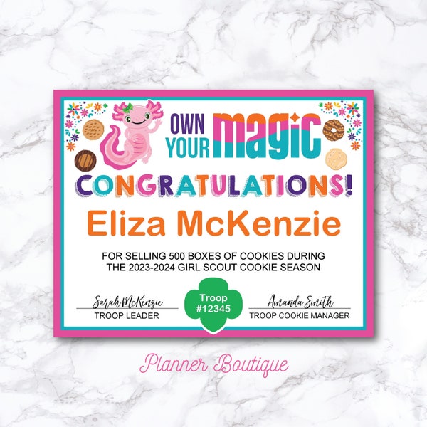 Girl Scout Cookie Order Sales Award Certificate, Printable Top Seller Ceremony Instant Download, Personalized Goal Getter Boss Template