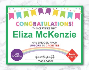 Editable Junior to Cadette Bridging Certificate for Award bridging ceremony Juniors to Cadettes Certificate Printable Girl Troop Leader
