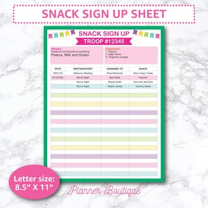 Bewerkbaar snackaanmeldingsbladlogboek met allergie en suggesties Afdrukbare planner meisjestroepleider Directe download Wekelijkse grafiek Maandelijks evenement
