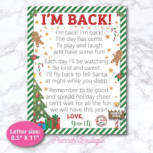 Könnte beinhalten: Ein weihnachtliches Schild mit dem Text "I'M BACK!" in Rot. Das Schild enthält ein Gedicht, Lebkuchenmänner, Zuckerstangen und einen Weihnachtsbaum. Die Letterngröße beträgt 21,6 cm x 27,9 cm.