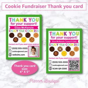 Cookie Fundraiser Dankeschön-Karte Notiz Stand Lieferung Quittung Bearbeitbar mit QR-Code Girl Marketing Schild Scout Truppeführer Wiederverwendbar