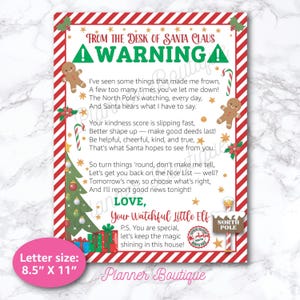 May include: A festive Christmas letter with a red and white striped border. The letter features a warning from Santa Claus, gingerbread men, candy canes, and a Christmas tree. The letter size is 21.6 cm x 27.9 cm.
