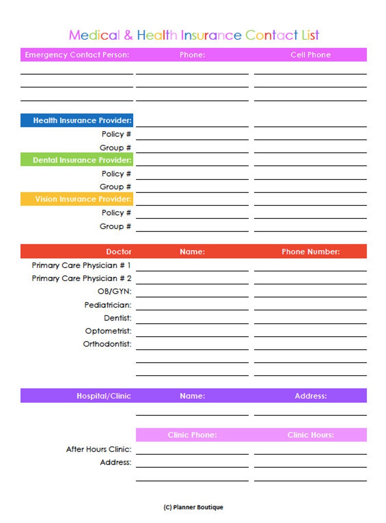 Medical Health Insurance List Printable Planner Planner Etsy