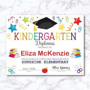 Bearbeitbares Kindergartendiplom, druckbares Schuldiplomzertifikat, Schulabschlusszeugnis, letzter Schultag, Leistungspreis