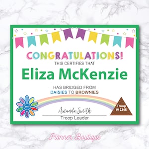 Certificato di passaggio da Daisy a Brownie, cerimonia di passaggio per Scout for Award, Certificato Daisies a Brownies stampabile, Girl Troop Leader compilabile