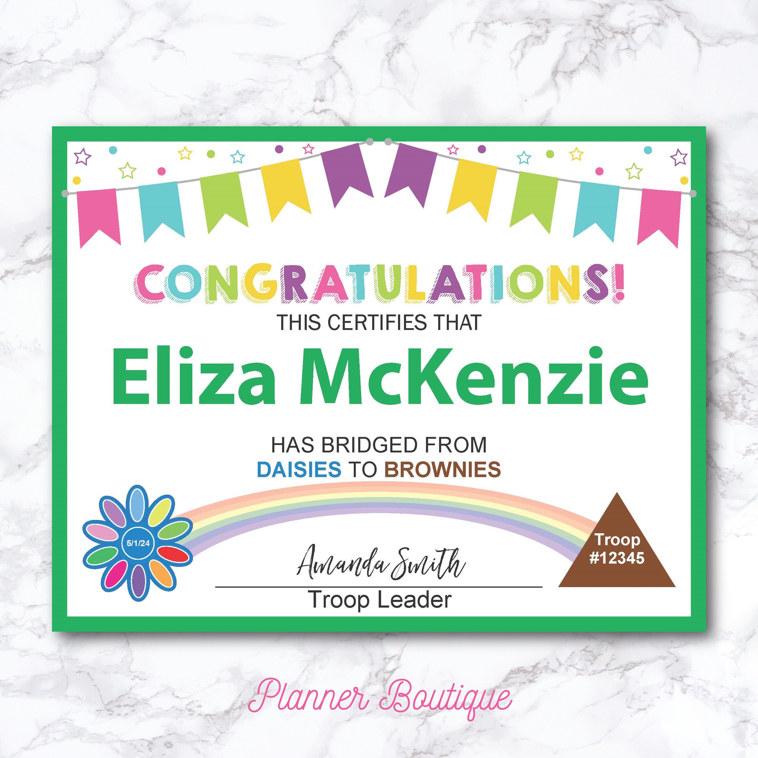 Daisy to Brownie Bridging Certificate Scout for Award bridging ceremony Daisies to Brownies Certificate Printable Girl Troop Leader Fillable