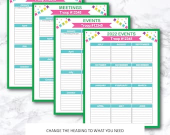 Troop Leader Calendar, Event Planner, Birthday Tracker, Meeting Tracker and more, DIY, Editable PDF, Instant Download