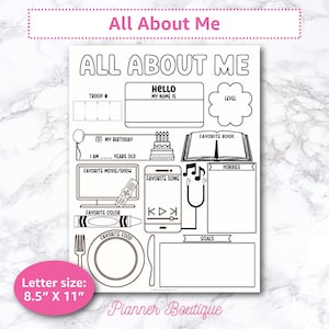 All About Me Scout Activity New Member Introduction Printable for all Levels Girl Troop Leader Ice breaker activities Student Intro Sheet