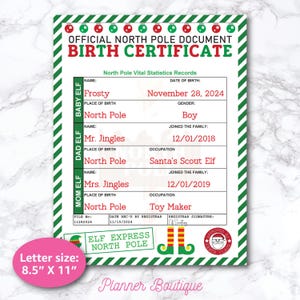 Bewerkbare geboorteakte baby-elf Brieven Notities van de elfjes Frosty Introductiekaart Activiteit Santa Pips Noordpooldocument