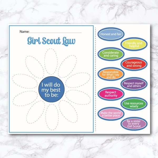 Girl Scout Daisy Law Petals Flower cut and paste, Daisy Girl Scout, Daisy Petals Troop Handout, meeting Activity, Letter Size