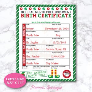 Bewerkbare geboorteakte baby-elf Brieven Notities van de elfjes Frosty Introductiekaart Activiteit Santa Pips Noordpooldocument