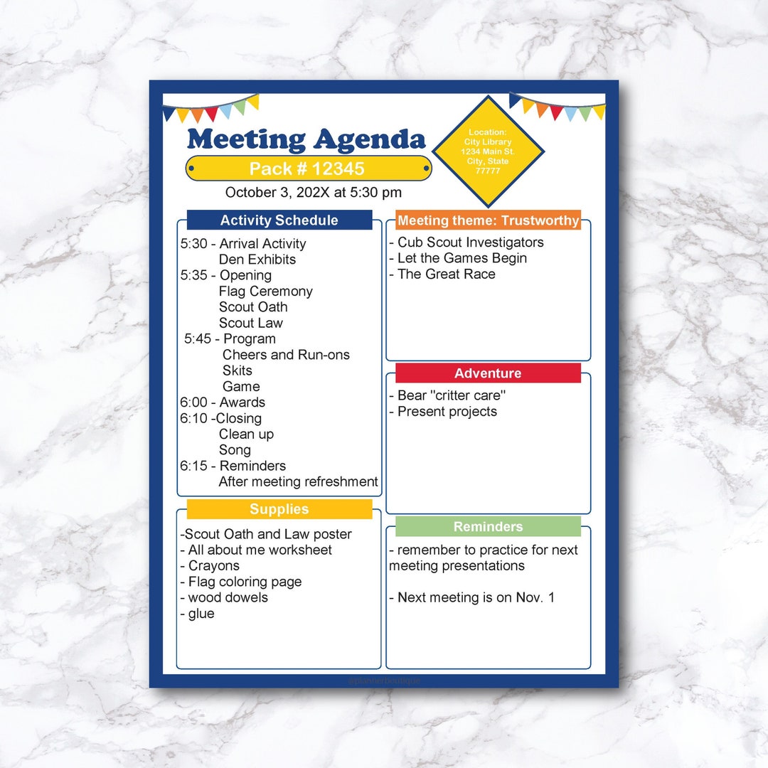 Cub Scout Meeting Agenda Editable Printable Pack Leader Activity Cub Scout Meeting Agenda Editable Printable Pack Leader Activity