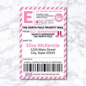 Verzendlabel Elf Mail bewerkbaar, kerstmanpost, Elf Mail, Noordpool-bezorgtag, label aankomstdoos, elfenactiviteit, Instant download, roze