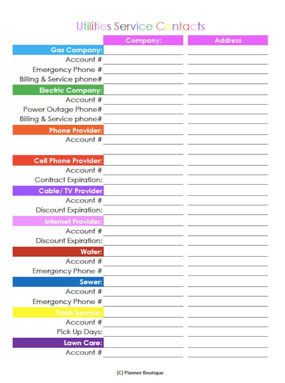 Utilities Service List Utilities List Printable Planner Etsy