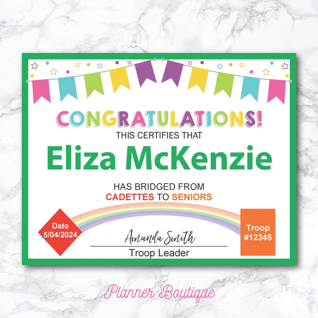 Editable Cadette to Senior Bridging Certificate for Award Bridging ...