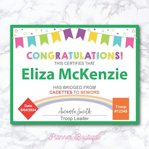 Cadette to Senior Bridging Certificate for Award bridging ceremony Cadettes to Seniors Certificate Printable Girl Troop Leader Fillable