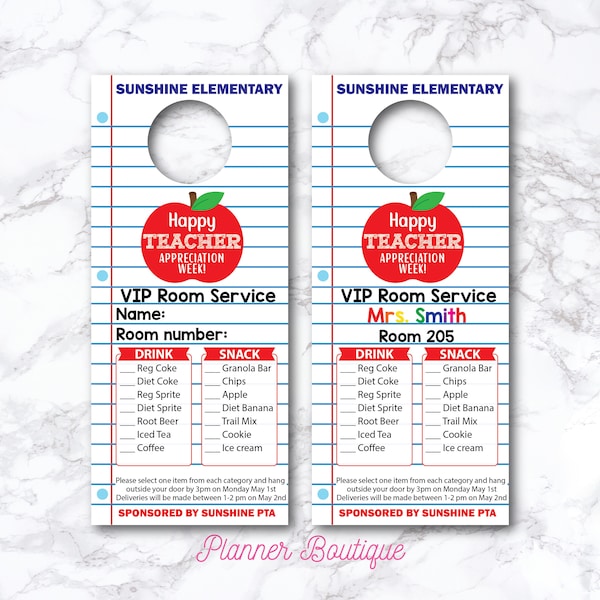 Editable Teacher Room Service Door Hanger Appreciation Week Ideas Printable Thank You End of Year Tags School Classroom Volunteer PTA PTO