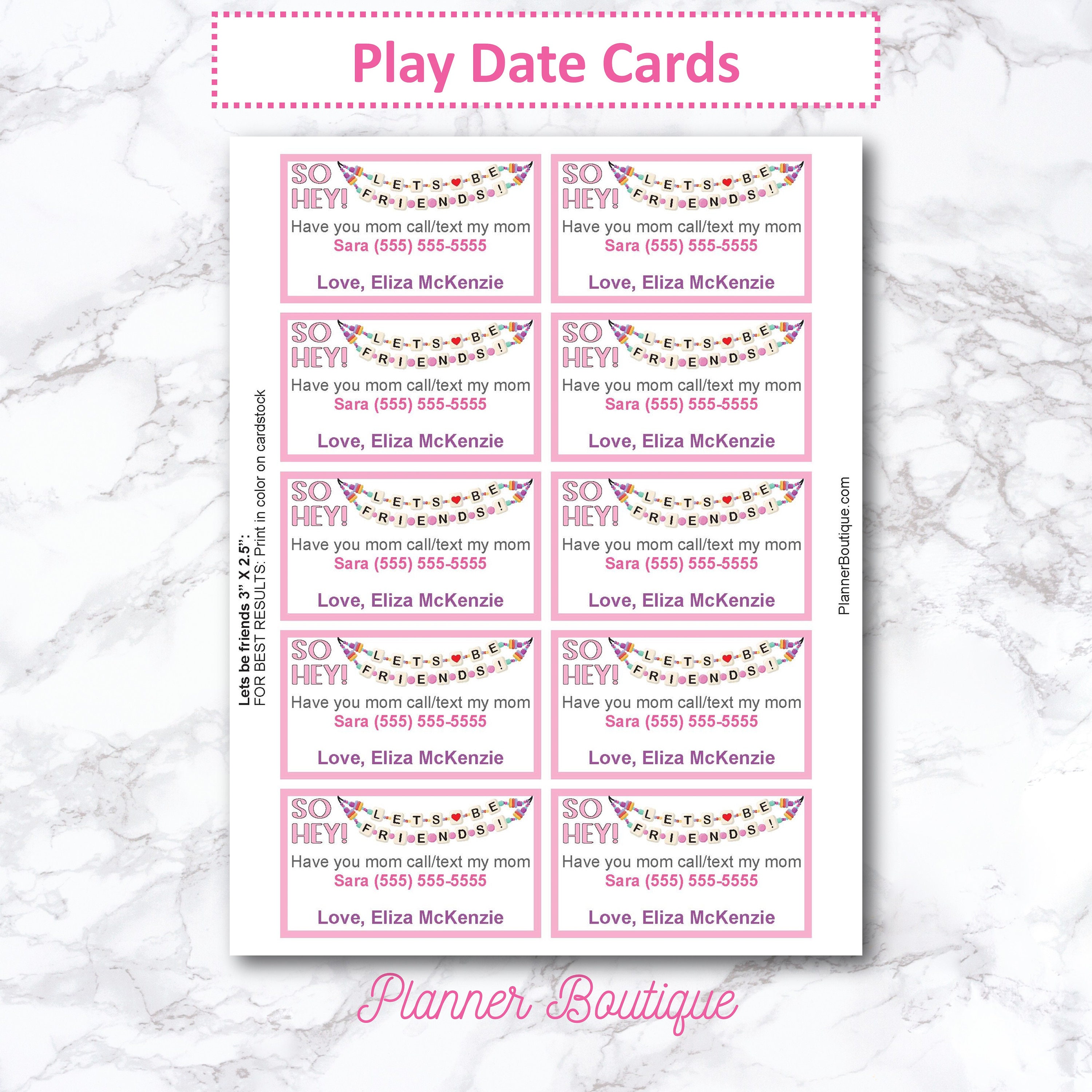 Kids Playdate Calling Card: Printable Summer Contact Cards (PDF ...
