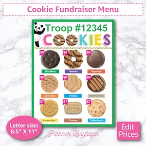 Cookie Fundraiser Menü Druckbare Preisliste Event Marketing Flyer Zeichen Diagramm Truppe Verkäufer Stand Werkzeug Bearbeitbares Zeichen 2025 LBB ABC Baker Sales