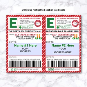 May include: A red and white striped background with two green and white elf-themed labels. The labels have the text "ELF POSTAGE AND FEES PAID" and "THE NORTH POLE PRIORITY MAIL". The labels are for shipping packages from Santa's Workshop at the North Pole. The labels have space for the recipient's name and address.